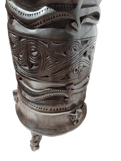carved batak wood betel lime container detail