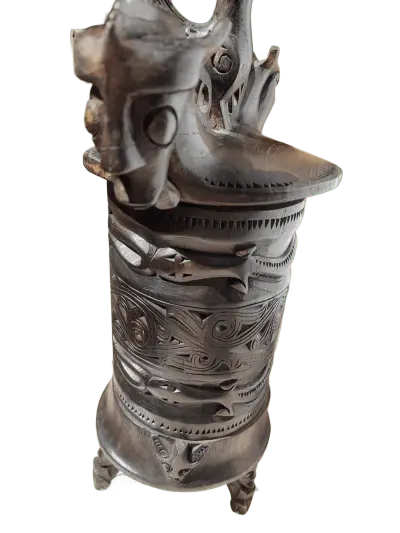 carved batak wood betel lime container side