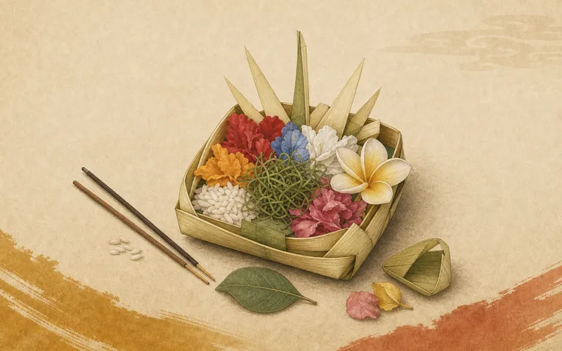 Illustration of Balinese offering trays with flowers and leaf bases.