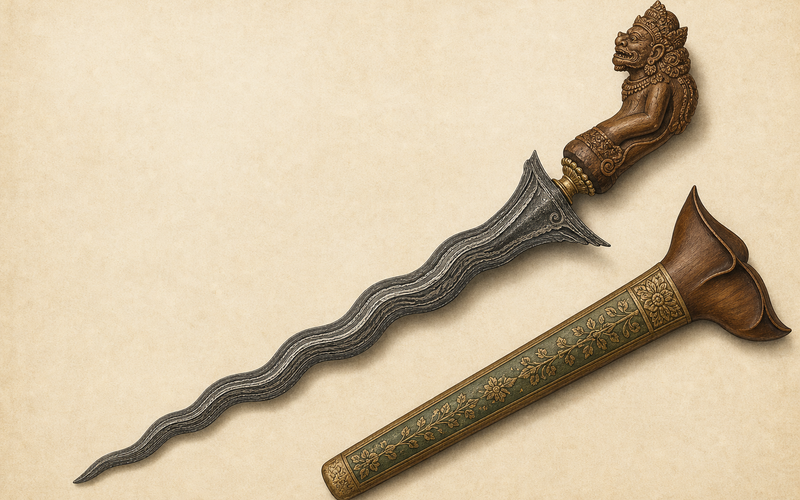 Illustration of a Balinese keris with carved hilt and sheath representing Balinese keris and ritual authority in Indonesian cultural heritage.