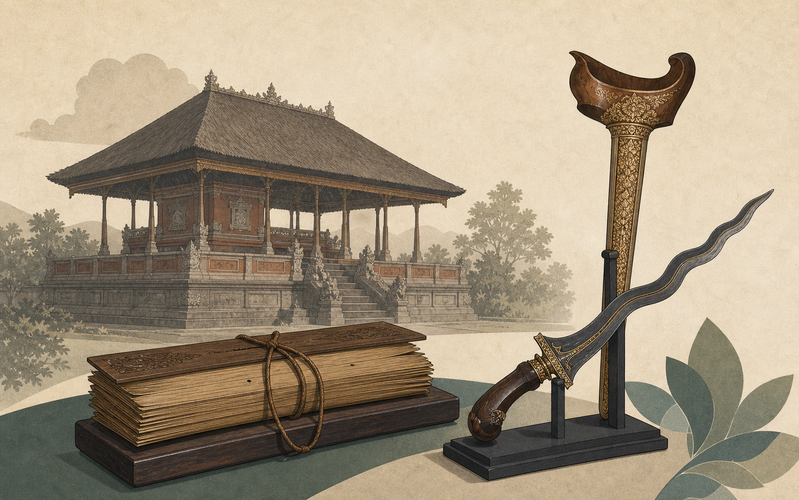 Illustration of a Balinese court pavilion, lontar manuscript, and ceremonial kris representing Gelgel and Klungkung courtly tradition in Indonesian cultural heritage.
