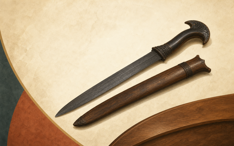 Illustration of a Batak prestige blade with sheath representing Piso Gaja Dompak and the material culture of power in Indonesian cultural heritage.