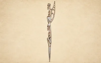 Illustration of a slender Asmat bisj pole with vertically arranged figures and an upper projection representing ancestral woodcarving in Indonesian cultural heritage.