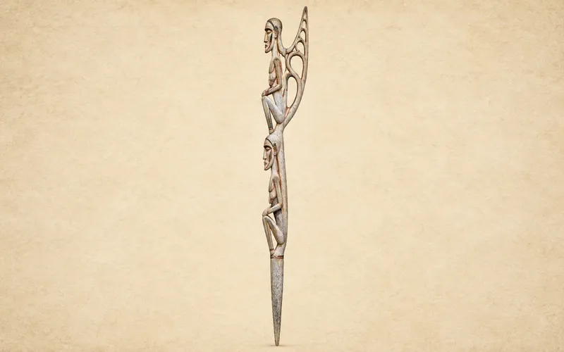 Illustration of a slender Asmat bisj pole with vertically arranged figures and an upper projection representing ancestral woodcarving in Indonesian cultural heritage.