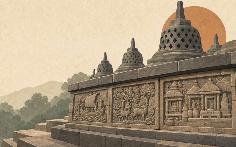 Illustration of Borobudur stone relief panels and openwork stupas representing Borobudur reliefs in Indonesian cultural heritage.