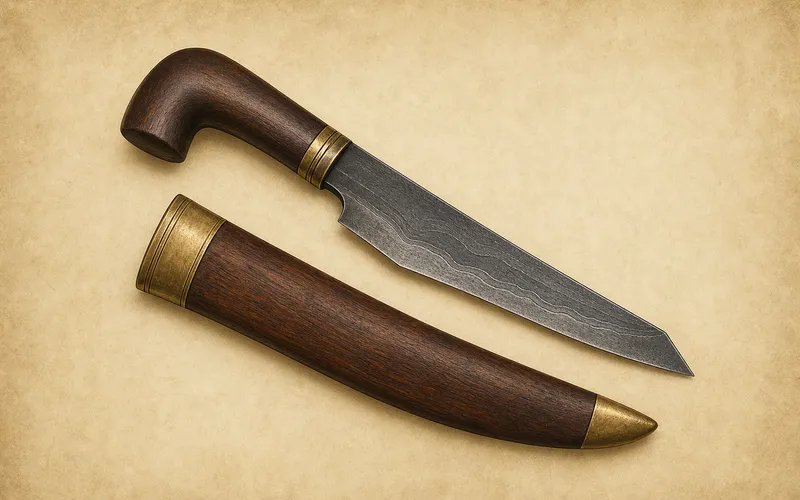 Illustration of a South Sulawesi badik with its hilt and sheath.