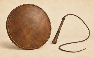 Illustration of a buffalo-hide nggiling shield and larik whip representing Manggarai Caci in Indonesian cultural heritage.