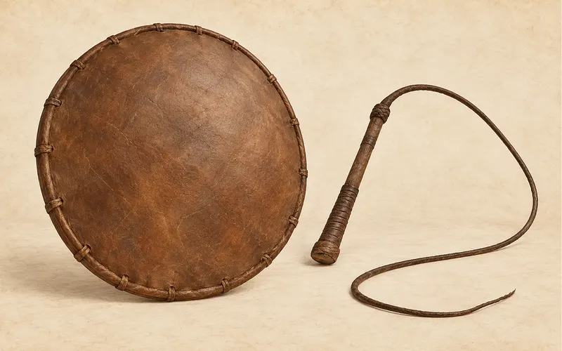 Illustration of a buffalo-hide nggiling shield and larik whip representing Manggarai Caci in Indonesian cultural heritage.