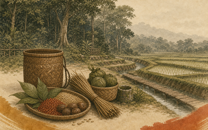 Illustration of forest edge, rice terrace, irrigation channel, basket, and seed bundles representing indigenous environmental wisdom in Indonesian communities in Indonesian cultural heritage.