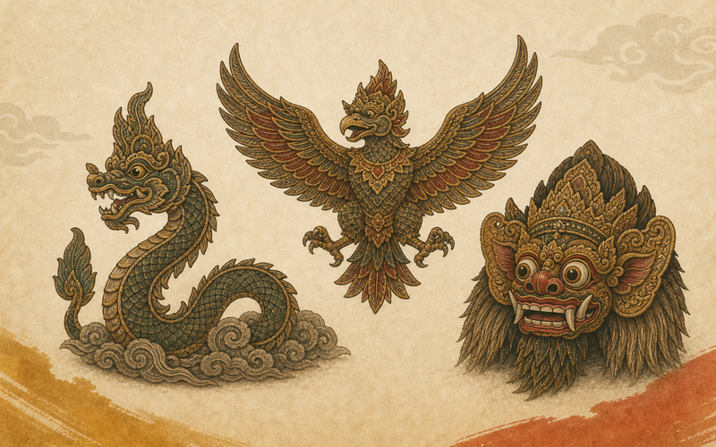 Illustration of Indonesian folklore figures and oral tradition motifs representing mythical creatures and oral tradition in Indonesian cultural heritage.