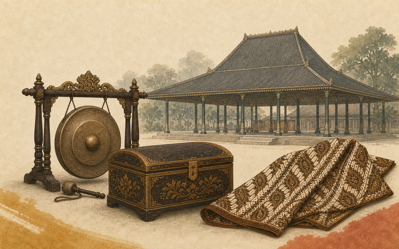 Illustration of a Javanese court pavilion, gong, batik cloth, and heirloom chest representing Yogyakarta and Surakarta royal court traditions in Indonesian cultural heritage.