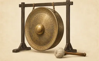 Illustration of a suspended Javanese bronze gong with a raised central boss and padded beater representing gamelan material culture in Indonesian cultural heritage.