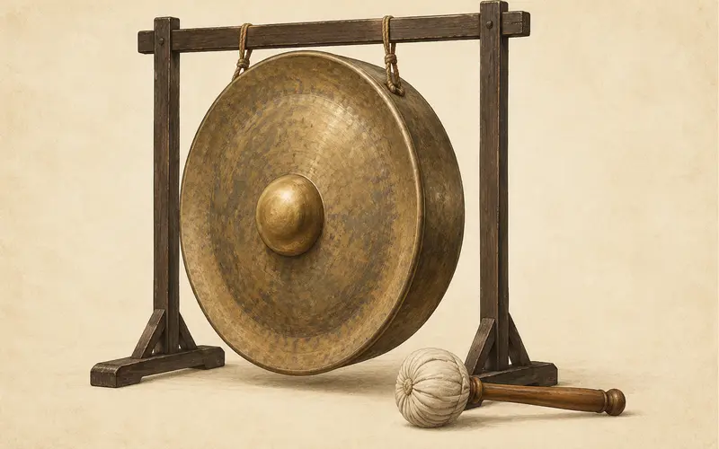 Ilustrasi gong perunggu Jawa yang digantung, dengan pencon di tengah dan pemukul berlapis empuk, mewakili budaya material gamelan dalam warisan budaya Indonesia.