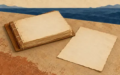 Illustration of sewn paper leaves and a loose sheet representing Malay manuscript materials in Indonesian cultural heritage.