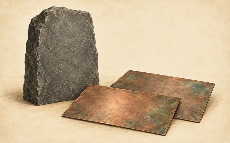 Illustration of stone and copper writing supports representing inscription materials in Indonesian cultural heritage.