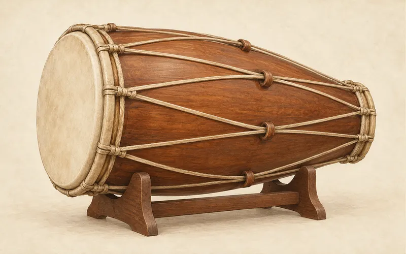 Illustration of a Javanese kendhang ageng with unequal hide heads, rawhide lacing, and a wooden stand representing kendang in Indonesian cultural heritage.