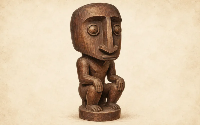 Illustration of a seated wooden korwar with a large head and compact body representing Cenderawasih Bay ancestor figures in Indonesian cultural heritage.