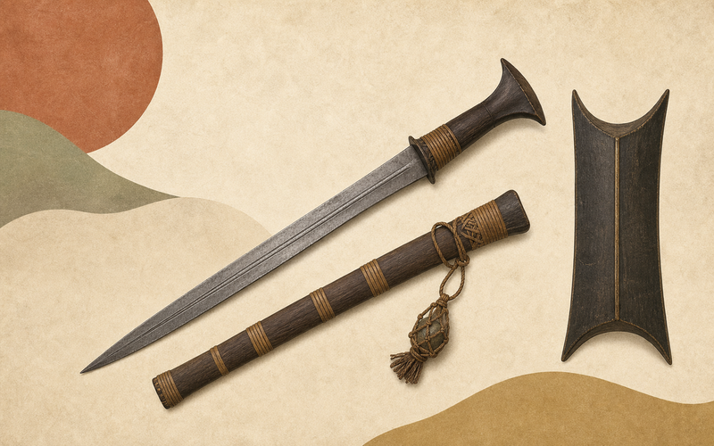 Illustration of a Nias balatu sword with scabbard and baluse shield representing Nias balatu swords and warrior identity in Indonesian cultural heritage.
