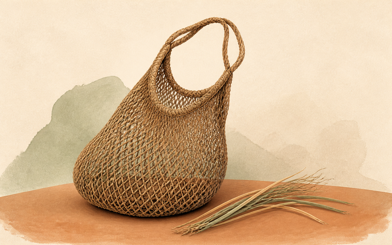 Illustration of a natural-fiber Papuan noken bag representing noken bags and Papuan community life in Indonesian cultural heritage.