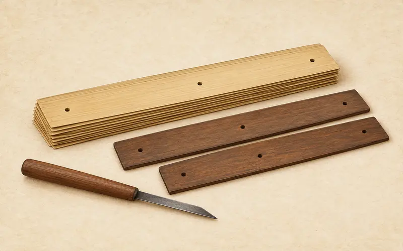 Illustration of prepared palm-leaf blanks, a writing knife, and wooden covers representing Balinese lontar making in Indonesian cultural heritage.