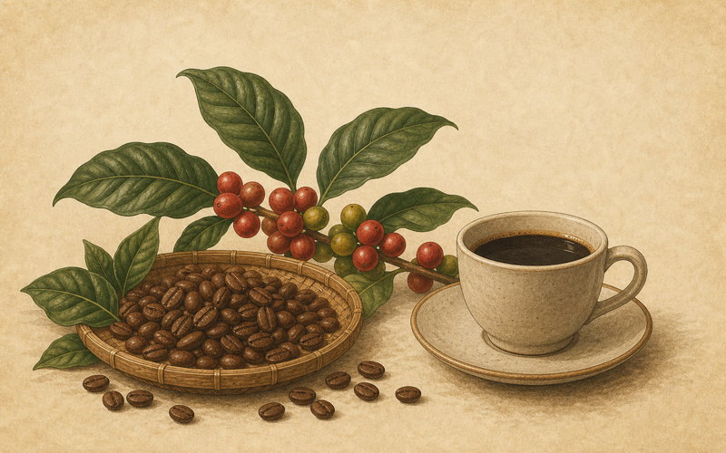 Illustration of Indonesian coffee beans, leaves, cherries, and serving cup representing coffee in social life in Indonesian cultural heritage.