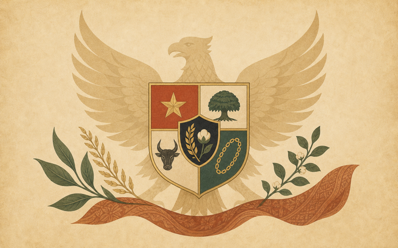 Illustration of abstract Garuda-inspired five-part Pancasila symbol representing Pancasila and cultural identity in Indonesian cultural heritage.