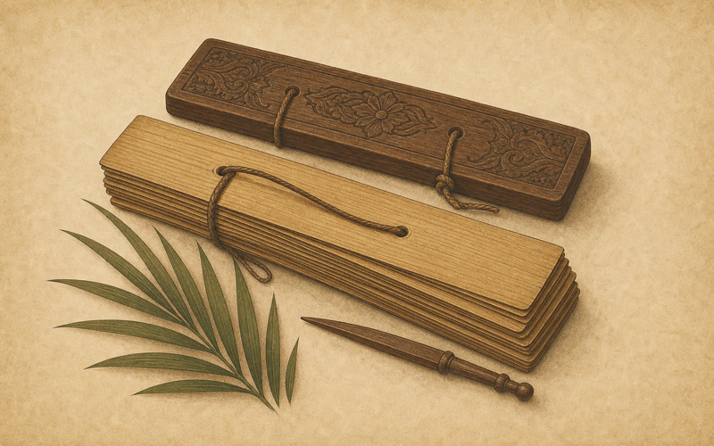 Illustration of lontar manuscripts and writing tools representing traditional education systems in Indonesian cultural heritage.