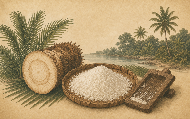 Illustration of sago palm starch and processing materials representing sago heritage food in Indonesian cultural heritage.