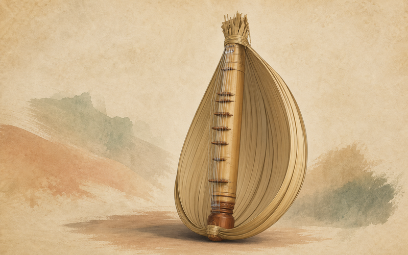 Illustration of a sasando with bamboo tube, strings, and lontar palm resonator representing Rote Island musical heritage in Indonesian cultural heritage.