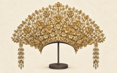 Illustration of a tiered floral Minangkabau suntiang with hanging side ornaments representing bridal ceremony in Indonesian cultural heritage.