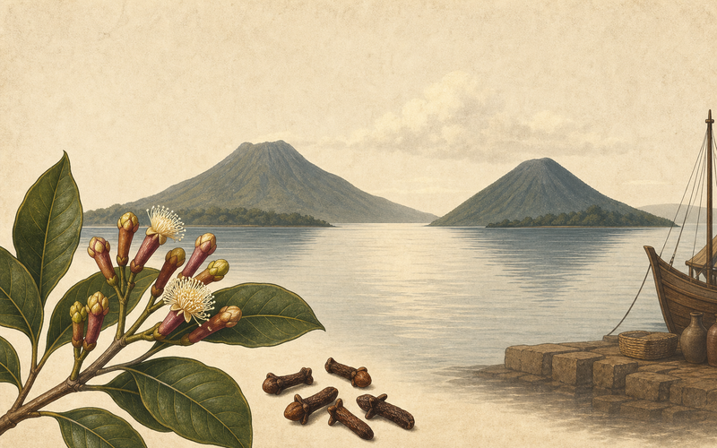 Illustration of cloves and North Maluku volcanic islands representing Ternate, Tidore, spice, Islam, and rival kingdoms in Indonesian cultural heritage.
