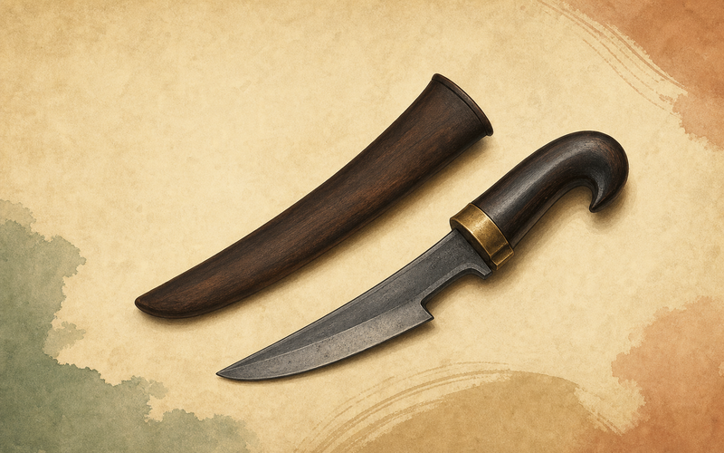 Illustration of an Acehnese rencong dagger and scabbard representing the rencong and the language of honor in Indonesian cultural heritage.