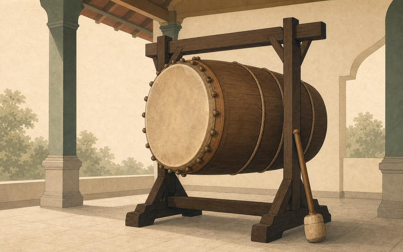 Illustration of a large Indonesian bedug suspended on a wooden frame representing communal sound and timekeeping in Indonesian Islamic cultural heritage.