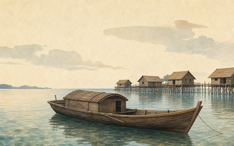 Illustration of a wooden lepa and coastal stilt houses representing Sama-Bajau maritime knowledge in Indonesian cultural heritage.