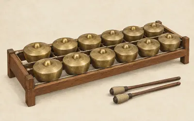 Illustration of twelve bossed bronze gongs on a cord-supported wooden rack with two padded beaters representing bonang in Javanese gamelan heritage.