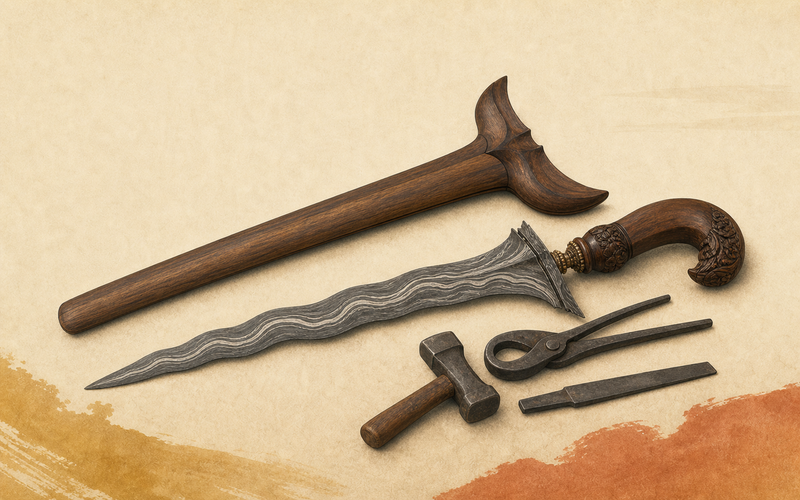 Illustration of an Indonesian keris blade with hilt, sheath, and craft tools representing Indonesian keris craftsmanship in Indonesian cultural heritage.