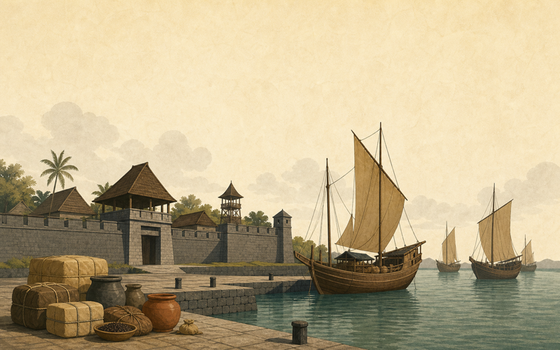 Illustration of a fortified Makassar coastal port with wooden trading vessels representing Gowa-Tallo maritime influence in Indonesian cultural heritage.