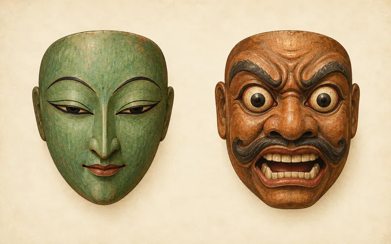 Illustration of a green narrow-eyed Malang Panji-type mask and a brown wide-eyed Balinese keras-type mask representing Topeng performance in Indonesian cultural heritage.