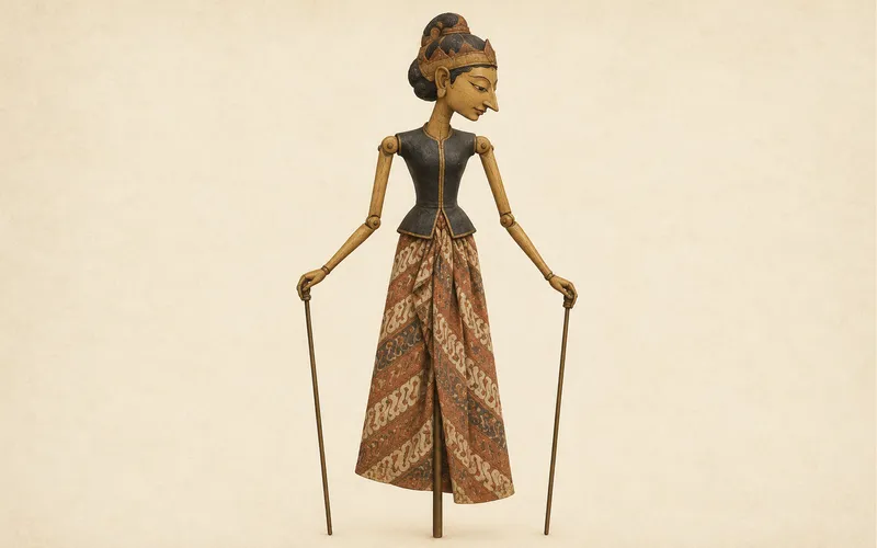 Ilustrasi wayang golek kayu dengan lengan bersendi, busana kain, dan tangkai penggerak yang mewakili tradisi penceritaan Sunda dalam warisan budaya Indonesia.